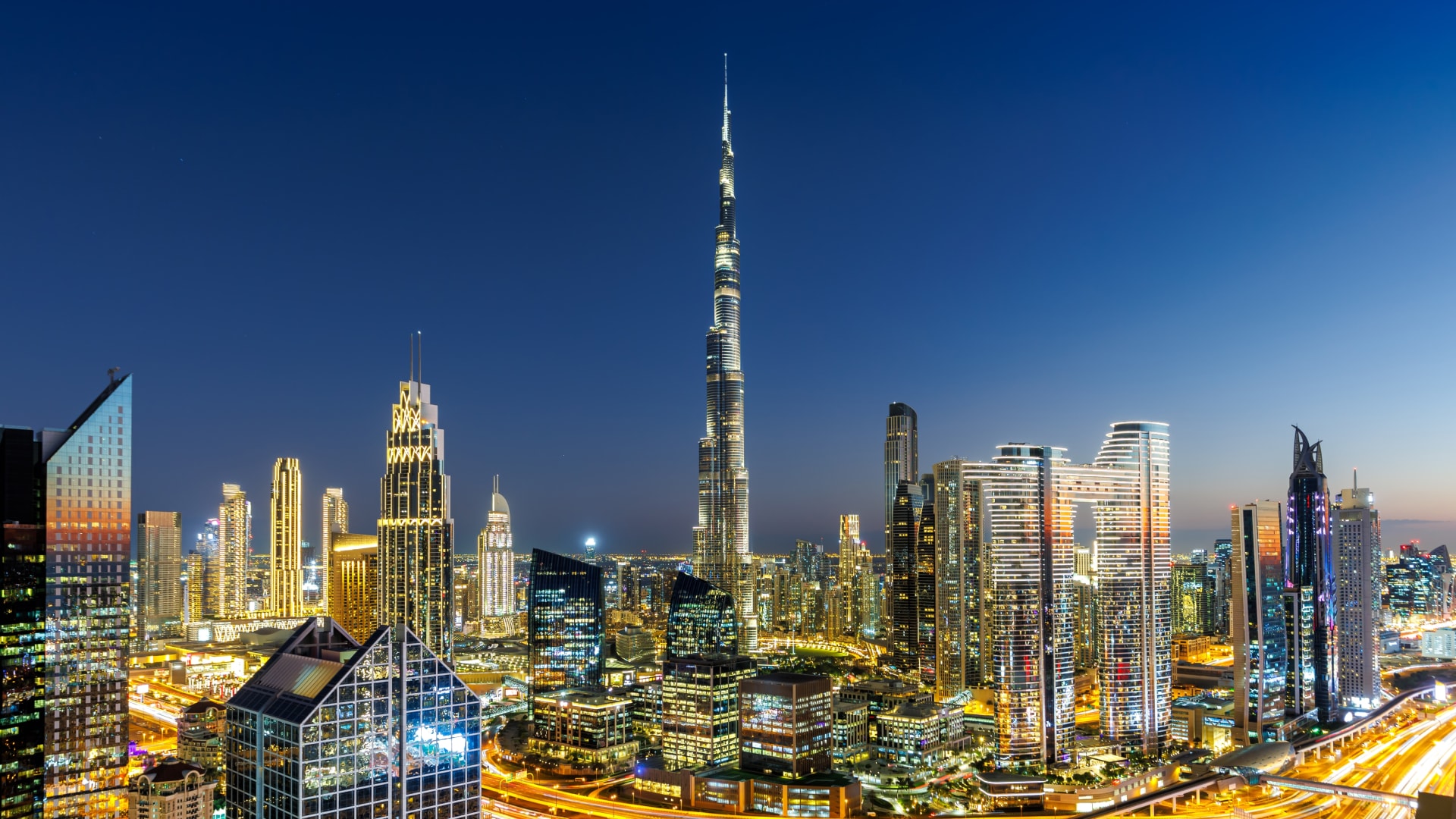 Dubai skyline at sunset showing modern architecture and business district